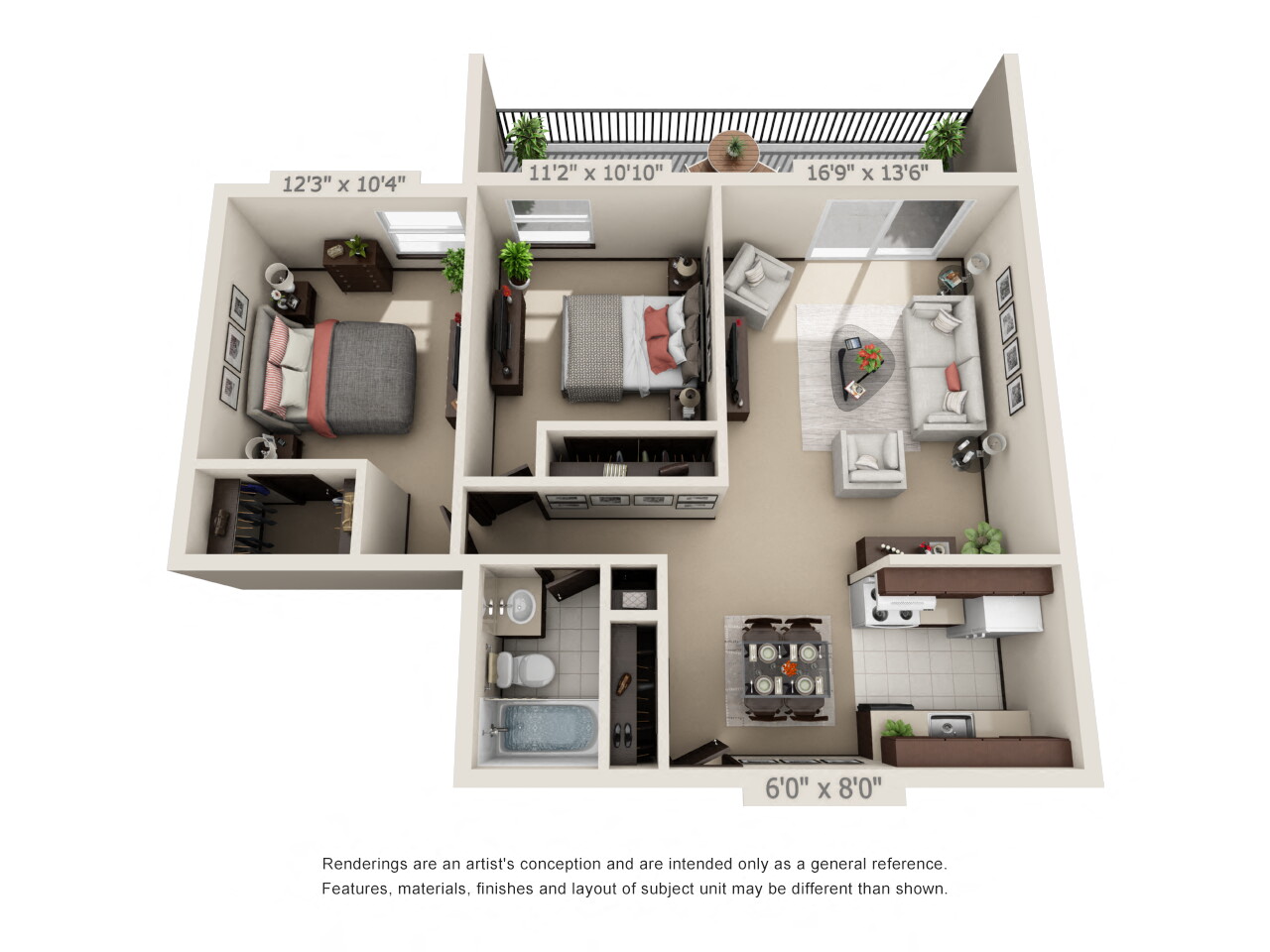 Floor plan for 2 beds, 1 bath, 1100 sqft